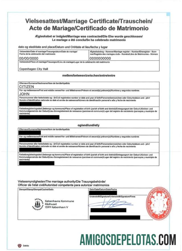 Certidão Internacional de Casamento da Dinamarca modelo